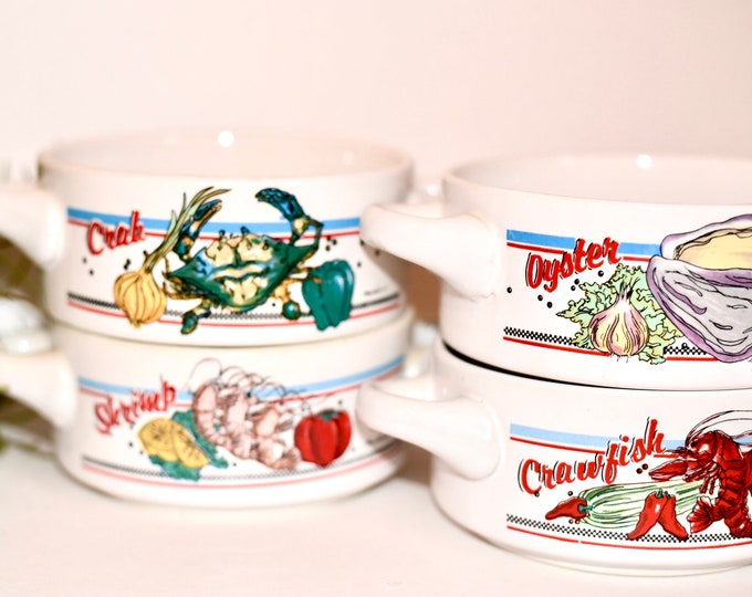 Vintage Set of 4 Soup Bowls With Handles Gumbo Chowder Bowl Cajun