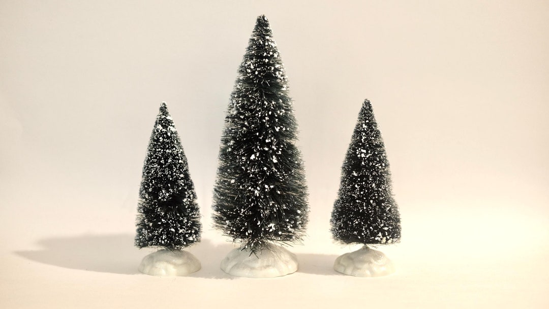 Vintage Lemax Flocked Christmas Bottle Trees Holiday Village Snow