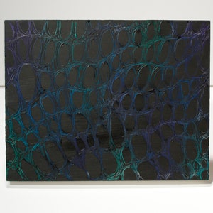 May include: Abstract painting with a black background and a pattern of overlapping circles in shades of blue, green, and purple.