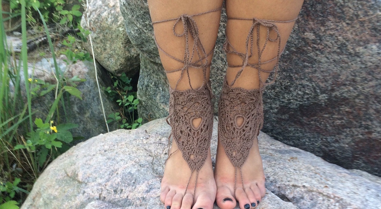 Beach wedding barefoot sandals brown women sandals  Bridal Barefoot Sandals brown  crochet barefoot sandals Bridal Foot jewelry Lace shoes