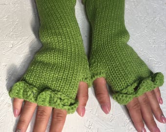 green  fingerless gloves, dragon scale,knit gloves arm warmers, wrist warmers, fingerless mittens