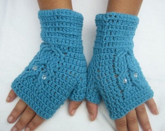 Prêt à expédier!  gants sans doigts, hibou bleu turquoise, chauffe-bras gants pour femme, chauffe-mains