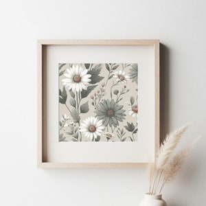 Könnte beinhalten: Ein gerahmter Druck mit einem floralen Muster mit weißen und grauen Blumen auf beigefarbenem Hintergrund.