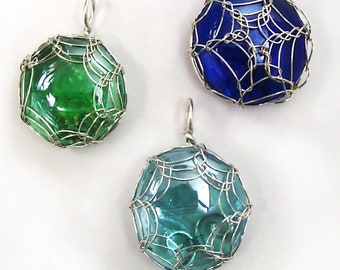 spider web pendant, free shipping, Halloween, glass cabochon, wire wrapped pendant, blue glass, green glass, spider web over gem pendant