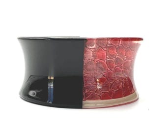 Vintage '80s Designer Lucite Cuff Bracelet with Genuine Alligator Skin— Luxury Red Reptile Pattern, Black & White Interior— Rare Collectible
