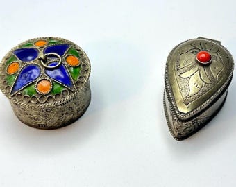Vintage Moroccan Trinket Box: Enamel Round or Teardrop Style