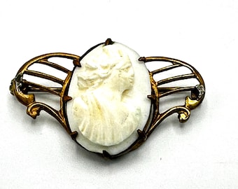 Antique Hand-Carved Shell Cameo Brooch - Victorian Winged Pin