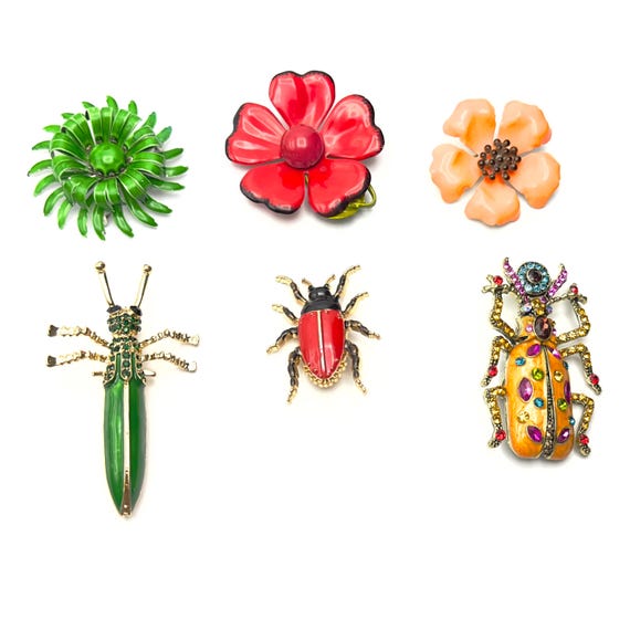 Vintage 60s Enamel Flower Pins & Insect Brooch Reproductions: Mod Pop Art Pin