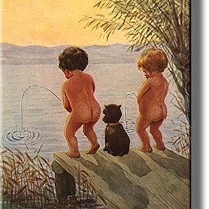 May include: Two children, one with brown hair and one with blonde hair, stand on a wooden dock by a lake. They are both facing away from the viewer and appear to be urinating into the water. A black cat sits behind them, watching.
