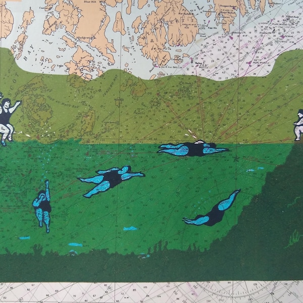 Swimmers- 4 color woodcut print