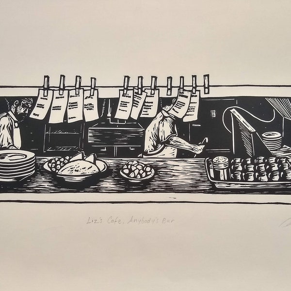 Liz's Cafe, Anybody's Bar- Linocut Print