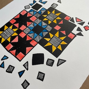 Quilt Woodcut print with watercolor- “(Almost) All the Pieces”