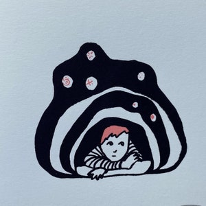 May include: Illustration of a person with red hair and a striped shirt, looking out from a black and white striped structure. The structure has a dark, cloud-like shape with small, pink circular and cross-shaped details.