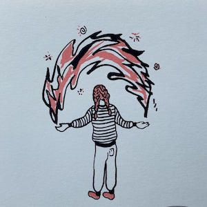 May include: A black and white illustration of a person with pink hair, wearing a striped shirt and pants, standing in front of a pink and black flame-like design.