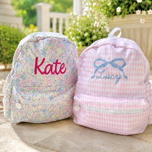 Toddler Girls Personalized Backpack pink gingham monogram preschool backpack kids embroidered name backpack