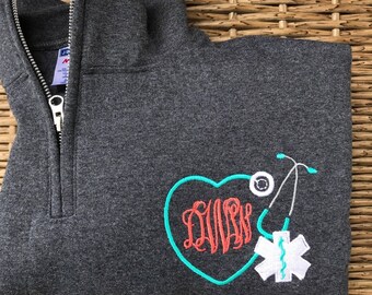 Paramedic EMT Monogram Sweatshirt -Star of life- Nurse monogram stethoscope- Quarter Zip, Stethoscope Monogram Design, Women's Clothing