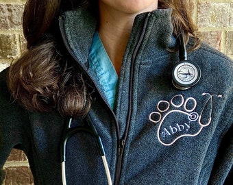 Personalized Name Vet Fleece Jacket with Paw, Monogram Veterinarian Gift Full Zip Scrub Jacket, Monogram Paw Stethoscope, Animal Lover Rehab