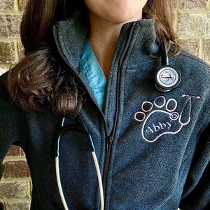 Personalized Name Vet Fleece Jacket with Paw, Monogram Veterinarian Gift Full Zip Scrub Jacket, Monogram Paw Stethoscope, Animal Lover Rehab image 1