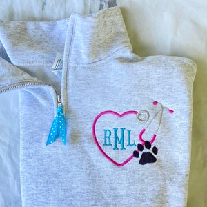 Vet Tech Veterinarian Monogram Personalized Stethoscope Paw Quarter Zip Sweatshirt, RVT Monogram, Animal Rescue Jacket, Vet Pullover Gift