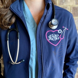 Personalized Nurse Monogram Full Zip jacket with heart stethoscope shell jacket, doctor jacket, NP, RN, MD