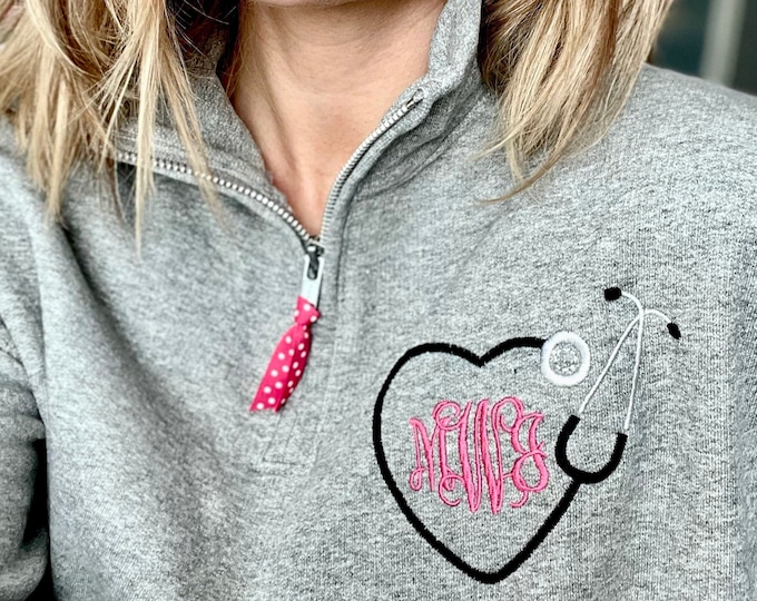 Nurse Heart Stethoscope Monogram Quarter Zip Pullover Etsy