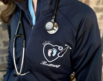 Personalized Ladies NICU or Labor and Delivery Pediatric Nurse/Doctor Heart Stethoscope Full-Zip Jacket Baby Feet NICU Pediatrics