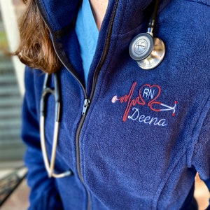 Medical Nurse Full Zip Personalized Fleece Jacket for Women, RN Stethoscope Nurse Sweatshirt