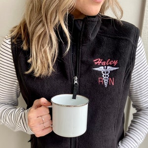 Personalized Name Medical Nurse Fleece Vest for RN, PT, PA, np, Monogram Medical Symbol, Caduceus Jacket for Doctor, Medical Staff Gift
