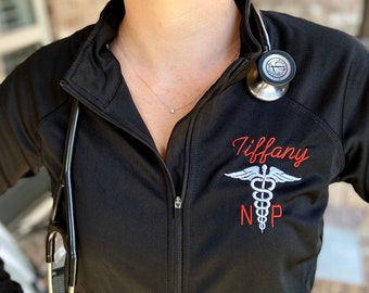 Personalized Healthcare Jacket: Embroidered Caduceus, Nurse Practitioner Gift