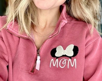 Disney Mom sweatshirt, Minnie Mouse Monogram Disney Quarter Zip Pull Over Comfort Colors Sweatshirt with Ribbon, Disney Mom Mickey Mouse