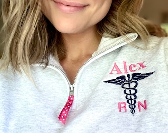 Personalized Nurse Quarter Zip custom RN Sweatshirt embroidered NP quarter zip RN gift