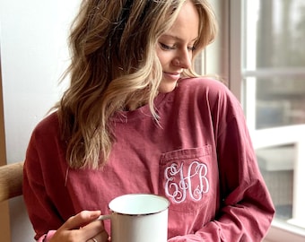Monogram Comfort Colors Long Sleeve Shirt for Women, Custom Name Embroidery, Monogrammed Pocket T-shirt, Personalized Gifts for Her