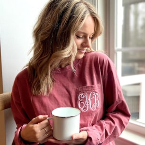 Monogram Comfort Colors Long Sleeve Shirt for Women, Custom Name Embroidery, Monogrammed Pocket T-shirt, Personalized Gifts for Her