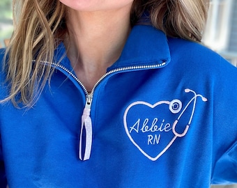 Personalized Nurse Quarter Zip Pullover: Stethoscope Heart, Monogrammed RN Gift
