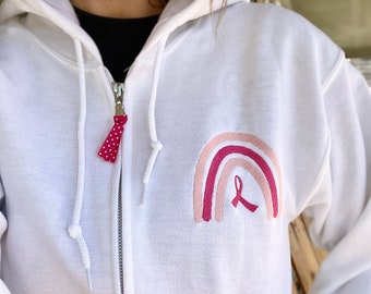 Sudadera con capucha y cremallera completa para concienciar sobre el cáncer de mama: Chaqueta unisex con lazo rosa y arcoíris
