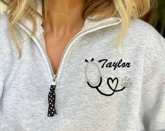 Personalized Veterinarian  Sweatshirt Stethoscope Quarter Zip, Vet Tech Monogram, RVT pullover, Animal Rescue jacket, paw print custom name