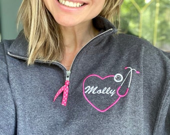 Personalized Nurse Quarter Zip Pullover: Stethoscope Heart, Healthcare Apparel