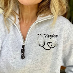 Vet Tech Sweatshirt, Personalized Veterinarian Sweatshirt Stethoscope Quarter Zip, RVT pullover, Animal Rescue jacket, paw print custom name