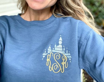 Disney Monogram Cinderella Castle Crew Neck Sweatshirt for Women, Disney World Castle Monogram Sweatshirt, Disney Personalized Sweatshirt