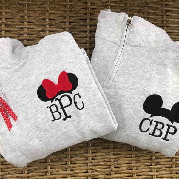 Minnie Mouse Monogram Disney Sweatshirt, Women's Zip up, Unisex Quarter Zip, Mickey Mouse Jacket, Disney monogram pullover