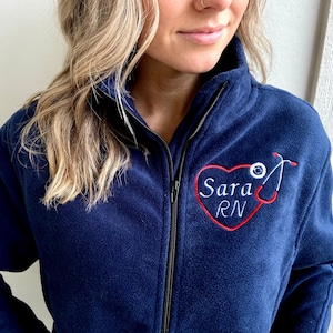 Personalized Name Full Zip Fleece Nurse Jacket Stethoscope Heart for RN, NP, PA