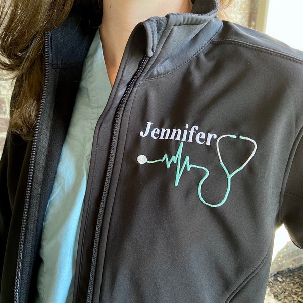 Personalized Ladies Medical EKG Stethoscope Full-Zip Soft Shell Jacket, Healthcare Gift for nurse or doctor