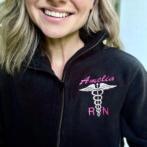 Nurse Personalized Jacket for Healthcare Workers, Name Medical Symbol Jacket, RN Fleece Jacket, NP Full Zip Jacket, PA Scrub Jacket
