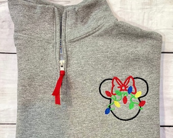 Christmas Disney Minnie Mouse Sweatshirt Quarter Zip, Holiday Mickey Mouse Monogram Sweater, Christmas Tree Charlie Brown Lights Sweatshirt