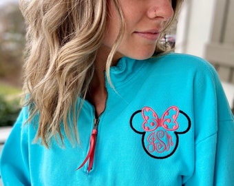 Minnie Mouse Polka Dot Bow Monogram Disney Sweatshirt, Minnie Mouse Monogram Disney Quarter Zip Pull Over Comfort Colors Sweatshirt Ribbon