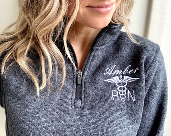 Personalized Medical Symbol Credentials Name Charles River Quarter Zip Pullover Sweatshirt- Heathered- Quarter Zip- Women's Sweater RN NP PA