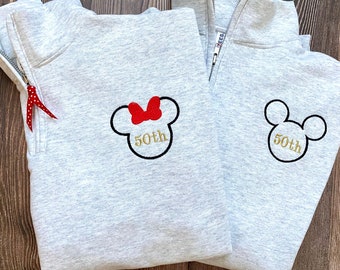Felpa con zip a un quarto per coppia abbinata Topolino e Minnie per anniversario, Disney mamma e papà, marito e moglie, pullover Disney personalizzato