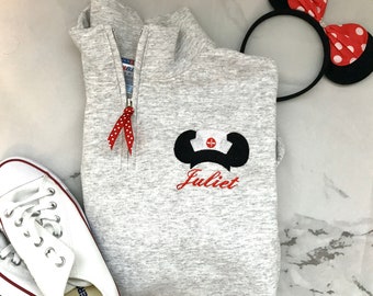Infirmière Minnie Mouse monogramme Disney Sweatshirt femme zippé unisexe quart de tour infirmière pull Disney pull infirmière chemise