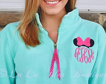 Disney sweatshirt, Minnie Mouse Monogram Disney Quarter Zip Pull Over Comfort Colors Sweatshirt with Ribbon