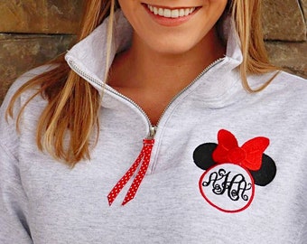 Minnie Mouse Monogram Disney Sweatshirt, Women's Zip up, Unisex Quarter Zip, Monogram Pullover